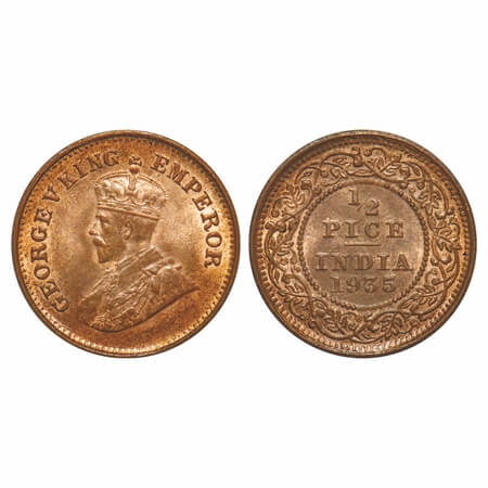 George V, Bronze, 1/2 Pice, 1935, Calcutta Mint, No mint mark. F. Prid 768. GK 1221. Brill