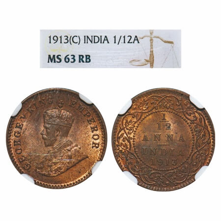 George V, Bronze, 1/12 Anna, 1913, Calcutta Mint, No dot. F. Prid 828. GK 1224. NGC Slabbe