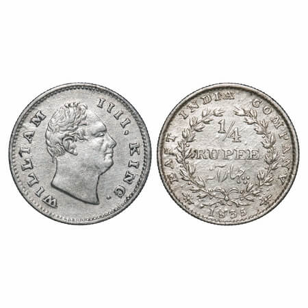 William IV, Silver, 1/4 Rupee, 1835, Bombay Mint, A/I, No initials, Rev aligned, Wreath wi