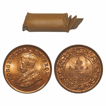 George V, Bronze, 1/12 Anna, (Roll of 24 coins), 1914, Calcutta Mint, No dot. 24 coins in 