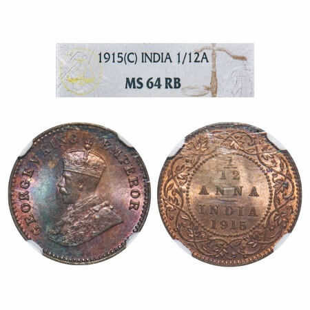 George V, Bronze, 1/12 Anna, 1915, Calcutta Mint, No dot. F. Prid 830. GK 1226. NGC Slabbe