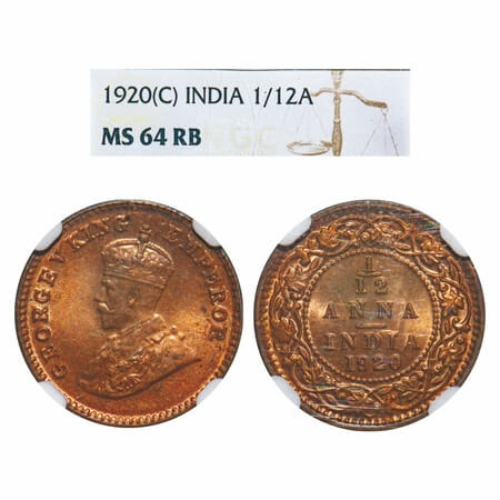 George V, Bronze, 1/12 Anna, 1920, Calcutta Mint, No dot. F. Prid 835. GK 1231. NGC Slabbe