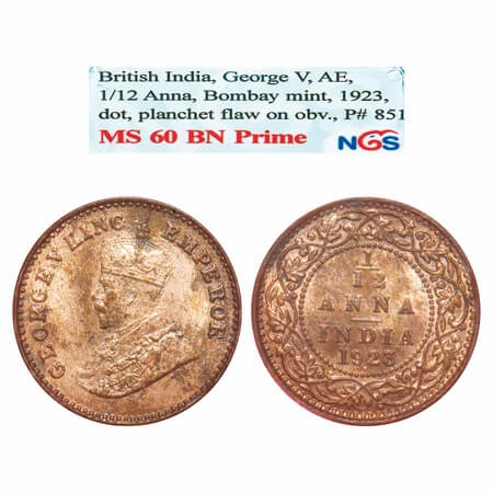 George V, Bronze, 1/12 Anna, 1923, Bombay Mint, Dot, Planchet flaw on Obv written on the s