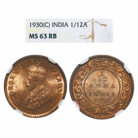 George V, Bronze, 1/12 Anna, 1930, Calcutta Mint, No dot. F. Prid 844. GK 1246. NGC Slabbe