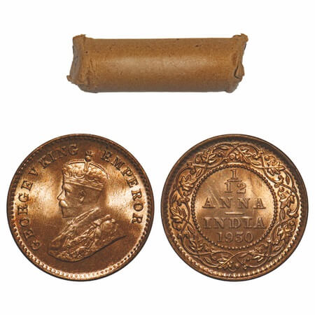 George V, Bronze, 1/12 Anna, (Roll of 24 coins), 1930, Calcutta Mint, No dot. 24 coins in 
