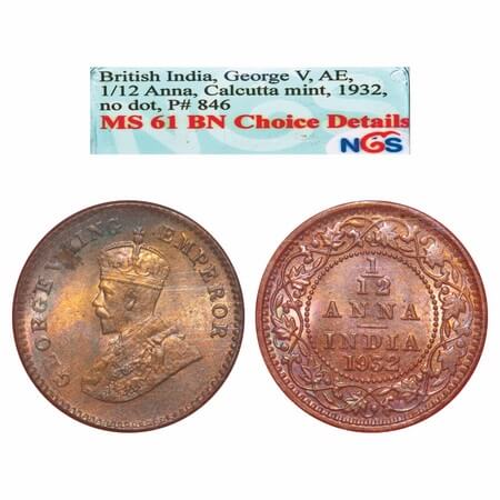 George V, Bronze, 1/12 Anna, 1932, Calcutta Mint, No dot. F. Prid. 846. GK 1248. NGS Slabb