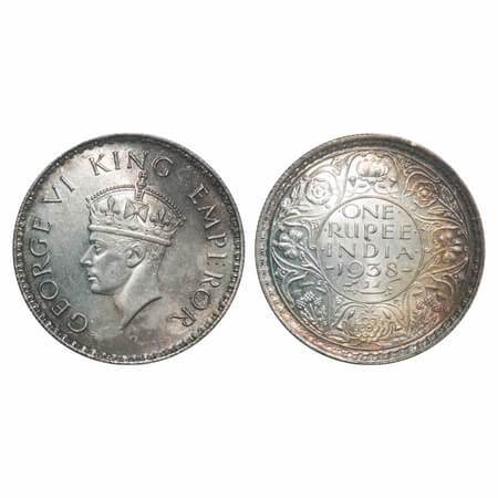 George VI, Silver, Rupee, 1938, Bombay Mint, A/I, No dot, Milled edge. F. Prid 233. GK 125