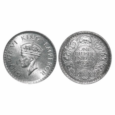 George VI, Silver, Rupee, 1938, Bombay Mint, A/I, No dot, Milled edge F. Prid 233. GK 1254