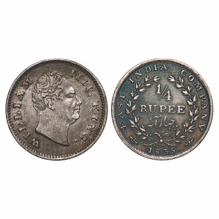 William IV, Silver, 1/4 Rupee, 1835, Bombay Mint, A/I, No initials, Rev aligned, With 20 B