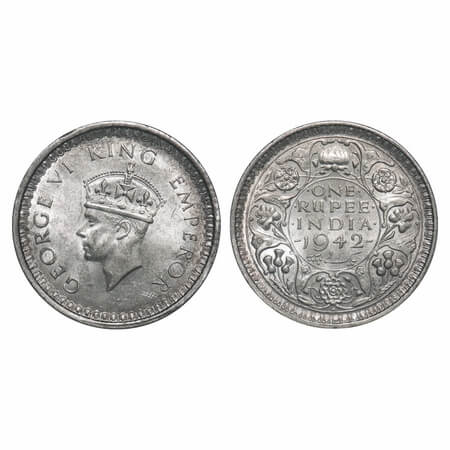 George VI, Half Silver, Rupee, 1942, Bombay Mint, B(a)/II, Diamond, Security edge. F. Prid