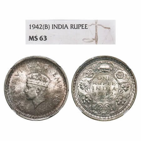 George VI, Half Silver, Rupee, 1942, Bombay Mint, B(a)/II, Diamond, Security edge. F. Prid