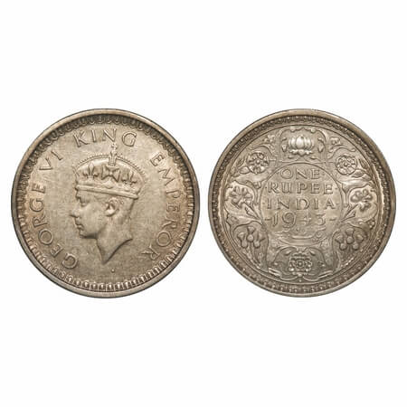 George VI, Half Silver, Rupee, 1943, Bombay Mint, B(a)/II, Diamond mint mark, security edg