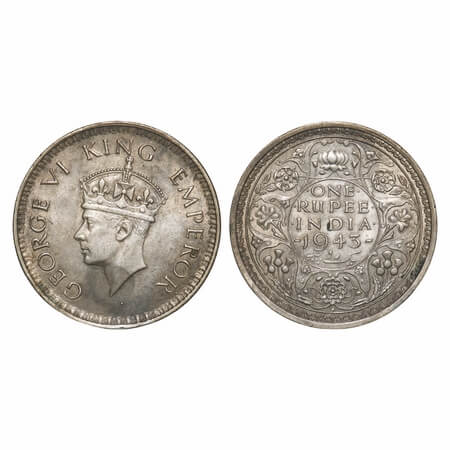 George VI, Half Silver, Rupee, 1943, Bombay Mint, A(b)/II, Diamond, Security edge, Small 3
