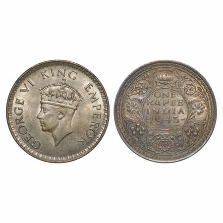 George VI, Half Silver, Rupee, 1943, Bombay Mint, A(b)/II, Diamond, Security edge, Small 3