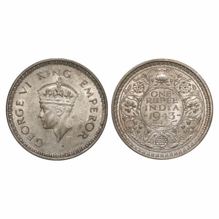 George VI, Half Silver, Rupee, 1943, Bombay Mint, C/III, Diamond, Security edge, Large 3. 