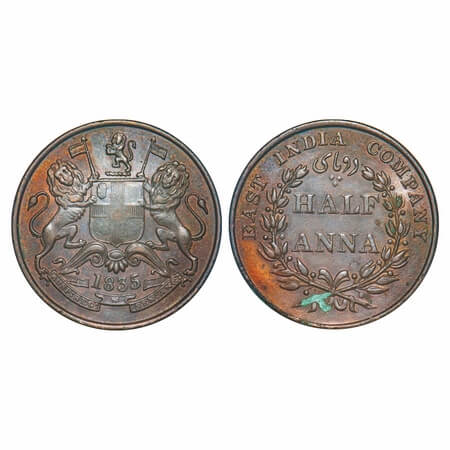 William IV, Copper, Half Anna, 1835, Madras Mint, Wreath with 20 Berries (10L + 10R), Smal