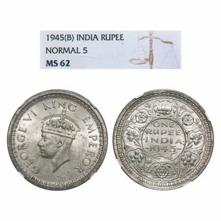 George VI, Half Silver, Rupee, 1945, Bombay Mint, D/II, Dot, Security edge, Normal 5, Die 