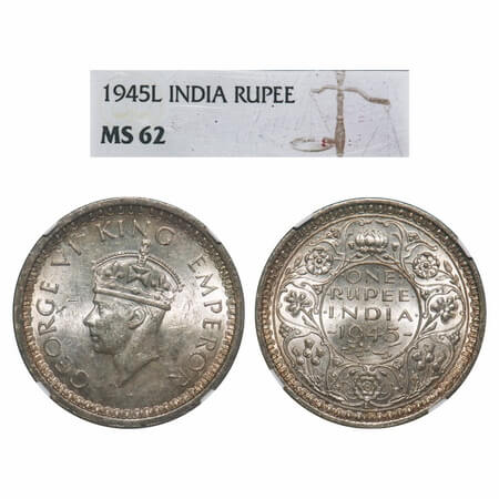 George VI, Half Silver, Rupee, 1945, Lahore Mint, D/II, 'L' raised, Security edge, Normal 