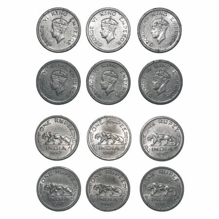 George VI, Nickel, Rupee, 1947, (lot of 6 coins), Bombay Mint, E/IV, Small/Normal Diamond,