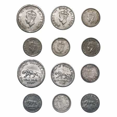 George VI, Mix-Metal, (lot of 6 coins), Bombay Mint, 1) Nickel, Rupee, 1947, E/IV, Diamond