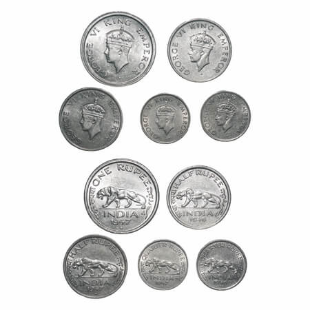 George VI, Nickel, (lot of 5 coins), 1) Rupee, 1947, Bombay Mint, E/IV, Diamond, Security 