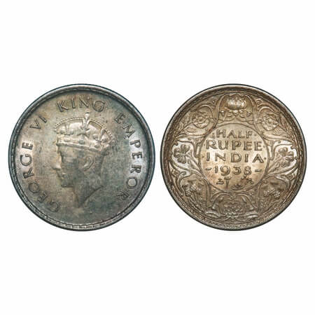 George VI, Silver, Half Rupee, 1938, Bombay Mint, A/I, Dot, Head Type I, Milled edge. F. P