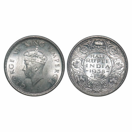 George VI, Silver, Half Rupee, 1938, Bombay Mint, A/I, Dot, Head Type I, Milled edge. F. P
