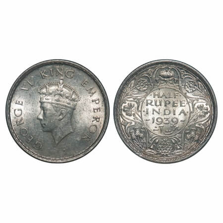 George VI, Silver, Half Rupee, 1939, Bombay Mint, A/I, Dot, Head Type I, Milled edge. F. P