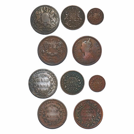 (5 coins), Copper, 1) William IV, Half Anna, 1835, Madras Mint, Wreath with 20 Berries (10