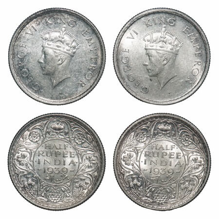 George VI, Silver, Half Rupee, 1939, (2 coins), Bombay Mint, A/I, Dot, Head Type I, Milled