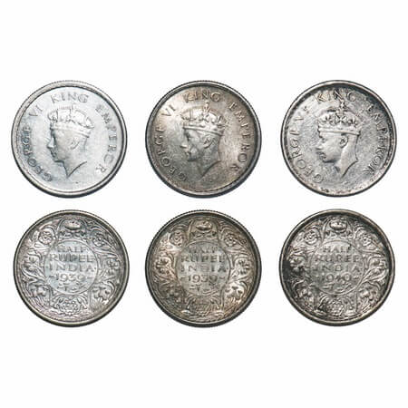 George VI, Mix-Metal, Half Rupee, (3 coins), 1) 1939, Bombay Mint, A/I, Dot, Head Type I, 