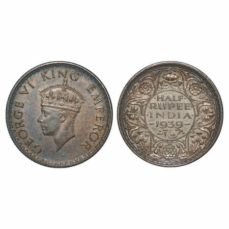 George VI, Silver, Half Rupee, 1939, Bombay Mint, A(a)/I, Dot, Head Type II, Milled edge. 