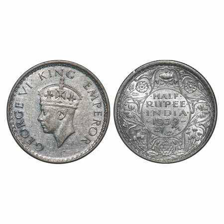 George VI, Silver, Half Rupee, 1939, Calcutta Mint, A(a)/I, No dot, Head Type II, Milled e