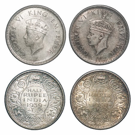 George VI, Half Silver, Half Rupee, (2 coins), 1939, Calcutta Mint, No dot, Milled edge, 1