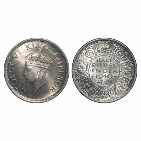 George VI, Half Silver, Half Rupee, 1940, Bombay Mint, A(a)/I, Dot, Head Type II, Milled e