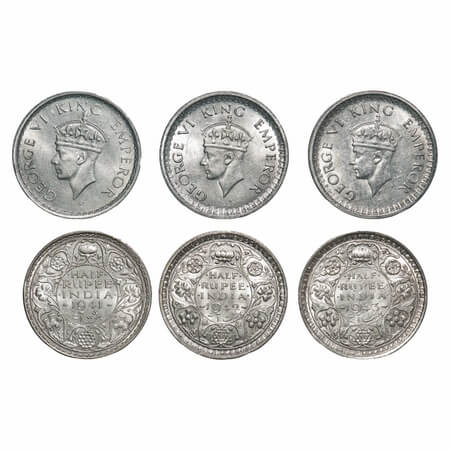 George VI, Half Silver, Half Rupee, (3 coins), Bombay Mint, Head Type II, Dot, Security ed