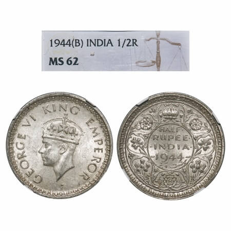 George VI, Half Silver, Half Rupee, 1944, Lahore Mint, B/II, 'L' raised, Head Type II, Sec