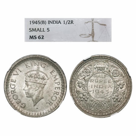 George VI, Half Silver, Half Rupee, 1945, Bombay Mint, B/II, Dot, Head Type II, Security e