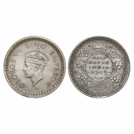 George VI, Half Silver, Half Rupee, 1945, Bombay Mint, B/II, Dot, Head Type II, Security e