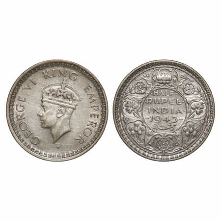George VI, Half Silver, Half Rupee, 1945, Lahore Mint, B/II, Head Type II, 'L' raised, Sec
