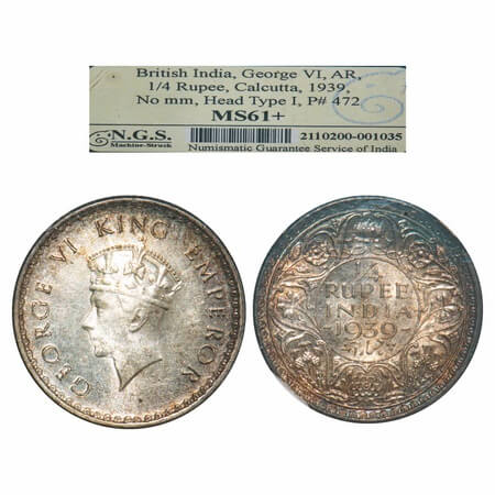 George VI, Silver, 1/4 Rupee, 1939, Calcutta Mint, No dot, Head Type I, Rev I, Milled edge