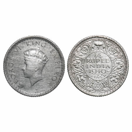 George VI, Half Silver, 1/4 Rupee, 1940, Bombay Mint, Head Type I, Rev I, Dot, Milled edge