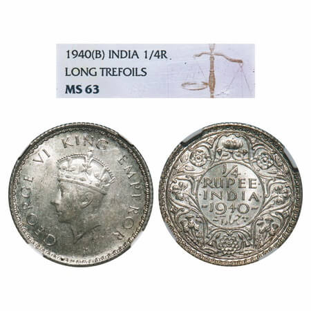 George VI, Half Silver, 1/4 Rupee, 1940, Bombay Mint, Dot, Head Type I, Rev I, Milled edge