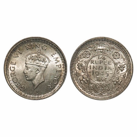 George VI, Half Silver, 1/4 Rupee, 1945, Bombay Mint, Dot, Head Type II, Rev II, Security 