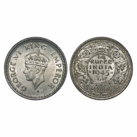 George VI, Half Silver, 1/4 Rupee, 1945, Bombay Mint, Dot, Head Type II, Rev II, Security 
