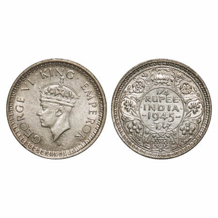 George VI, Half Silver, 1/4 Rupee, 1945, Bombay Mint, Dot, Head Type II, Rev II, Security 