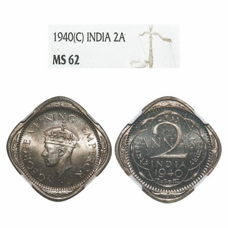 George VI, Copper-Nickel, 2 Annas, 1940, Calcutta Mint, Head Type II, No dots by year. F. 