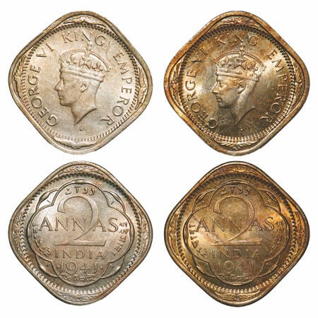 George VI, Copper-Nickel, 2 Annas, (2 coins), 1941, 1) Bombay Mint, Head Type II, Dots by 
