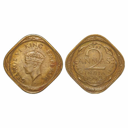 George VI, Nickel-Brass, 2 Annas, 1942, Bombay Mint, Head Type II, Dots by year, Small num