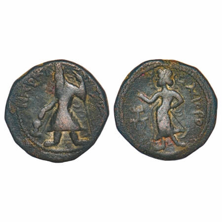 Kushanas, Kanishka I, Copper Drachma, 16.49g, 26.27x26.50mm, Obv: King standing facing hea